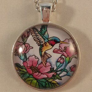 Silver Hummingbird Flower Illuminated Abstract Art Cabochon Pendant Necklace 20"